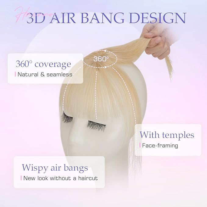 Hairro Bangs Hair Clip 3D 360°Cover Clip On Bangs Remy Human Hair Topper With Bangs Fringe French Bangs With Temples Clip In Bangs Hair Extensions 8 Inches 10g #60 Platinum Blonde