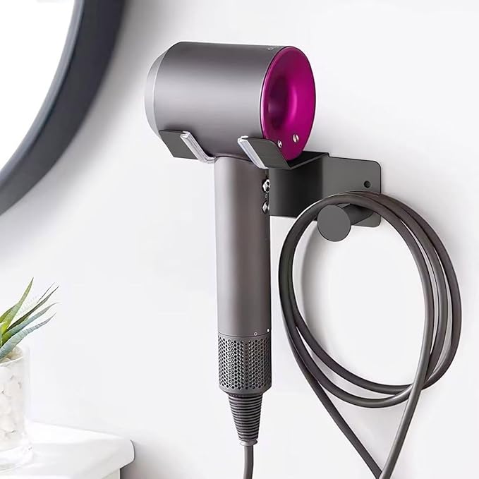 Hair Dryer Holder, Dyson Hair Dryer Holder, Blow Dryer Holder with Cord Hook SUS304 Stainless Steel Wall Mount, Self Adhesive/Screw Space Saving Hairdryer Holder for Bathroom Black Ptalseaw