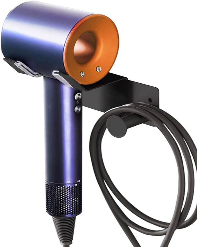 Hair Dryer Holder, Dyson Hair Dryer Holder, Blow Dryer Holder with Cord Hook SUS304 Stainless Steel Wall Mount, Self Adhesive/Screw Space Saving Hairdryer Holder for Bathroom Black Ptalseaw
