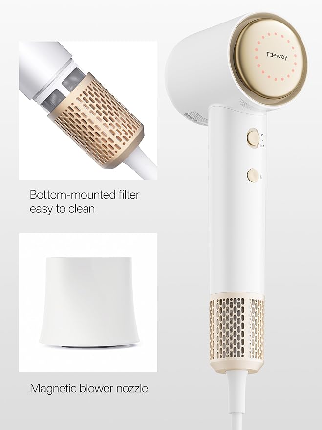 Tideway Hair Dryer, Blow Dryer with Diffuser, Ionic Professional High-Speed 1500W Low-Noise, 110,000 RPM Brushless Motor, Fast Drying, Travel Compact for Women & Men (Gold)