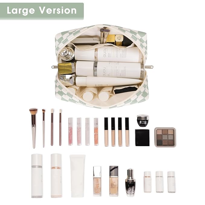 Narwey Checkered Makeup Bag Travel Cosmetic Bag Organizer Toiletry Bag Make Up Bags with Compartments for Women Girls (Large, Mint Green Checkerboard)
