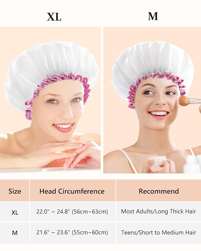mikimini White Large Shower Caps for Women Long Hair Pack of 2, Reusable Waterproof Double Layers Bathing Hair Cap Soft Comfortable PEVA Lining, Cute, Non-fading & Stretchy Shower Hat X-Large