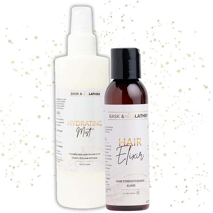 BASK & LATHER Hydrating Hair Mist (8 oz) & Elixir Oil (4 oz) Bundle — Leave-In Conditioner + Jamaican Black Castor Oil for Growth, Moisture, Detangling, Scalp Relief & Strength