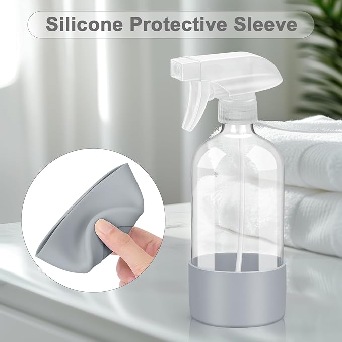 2 Pack Glass Spray Bottles with Silicone Sleeve, 16 oz Empty Refillable Containers with Adjustable Spray Nozzles, Spray Bottles for Hair, Cleaning Solutions and Plants