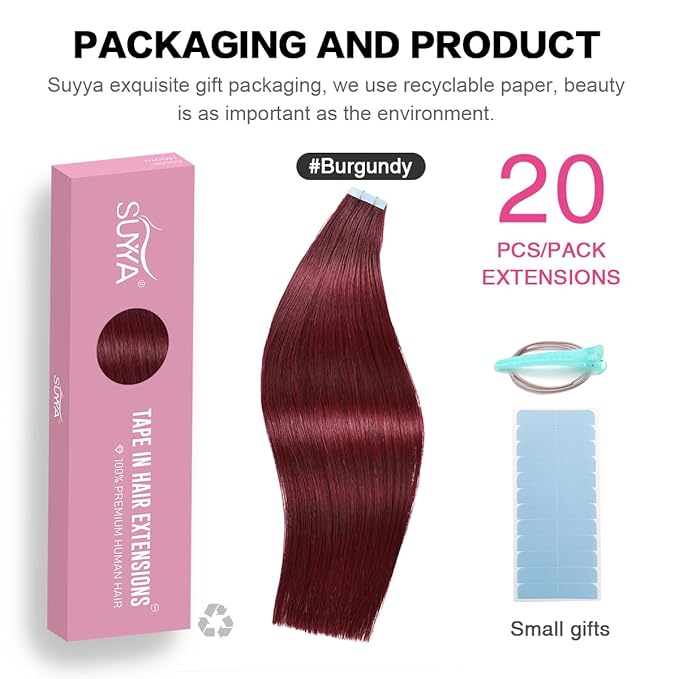 SUYYA Tape in Hair Extensions Human Hair Burgundy 28 Inch 60g/pack 20pcs Straight Seamless Skin Weft Tape in Real Human Hair Extensions Win Red(28inch #Burgundy)