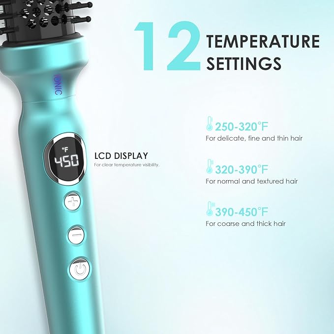 1 1/4 Inch Thermal Brush Negative Ion Heated Round Brush Dual Voltage 12 Temperature Settings Curling Hairbrush for Bangs Medium Shoulder Hair (1.25 Inch Barrel 1.85 Inch Bristles)
