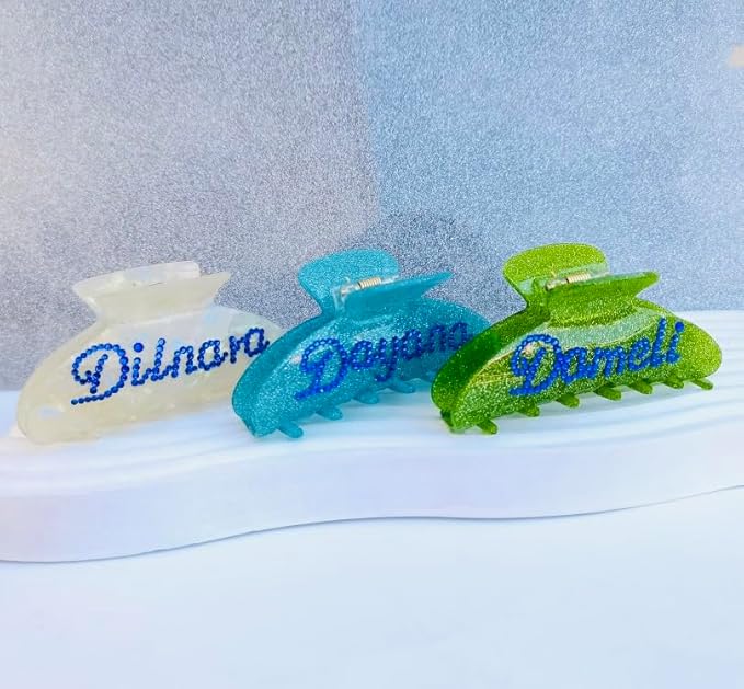 Personalized Hair Claw Clips with Rhinestones - Custom Name Engraved Cute Bridal Hair Accessories (Pearl Blue)