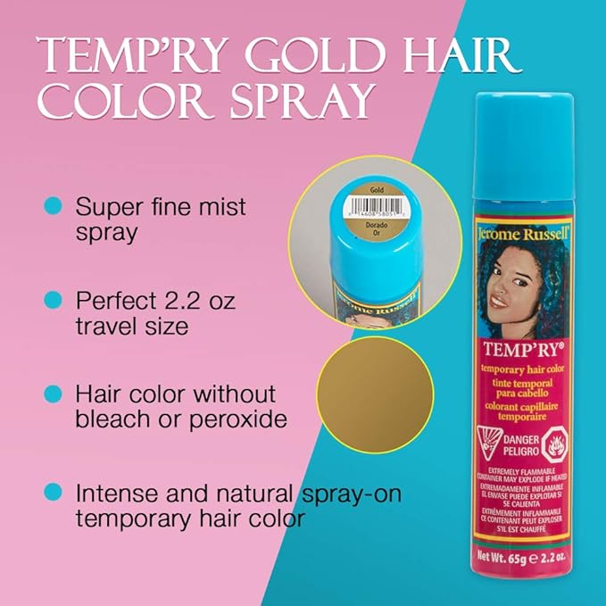Jerome Russell Temporary Hair Color Spray, Gold - Intense Spray-On Temporary Hair Color, Fast-Drying, Non-Sticky, Travel Size, Instant Vivid Color, 2.2 oz