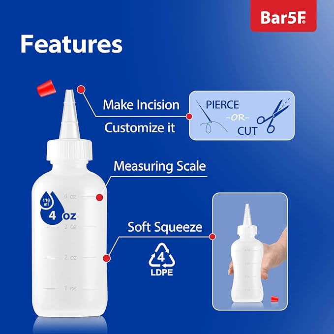Bar5F 4-Pack Soft Squeeze Hair Applicator Bottle for Hair Treatment, Scalp Oil, Root, Color, 4 Ounce Translucent with Measuring Scale and Cap, BPA Free | Set of Bulk