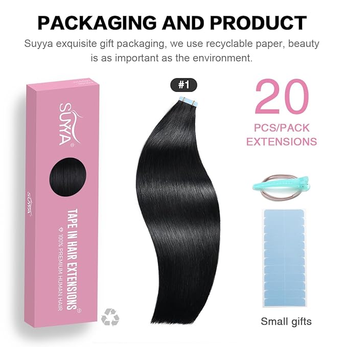 SUYYA Tape in Hair Extensions Jet Black 100% Remy Human 20 inches 20pcs 50g/pack Straight Seamless Skin Weft Hair(20 #1 Black)