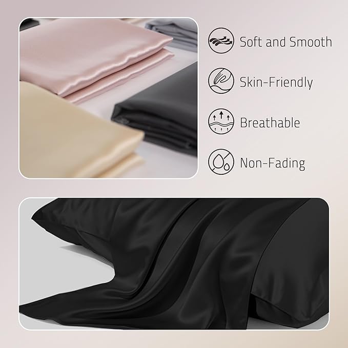 Mulberry Silk Pillow Case for Hair and Skin Prevent Acne Pillowcases Both Sides Real Silk Pillowcases Organic Silk Pillowcase with Hidden Zipper, Black, Queen (20"×30")