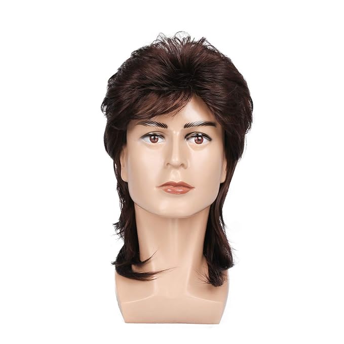 Kaneles Mullet Wigs for Men 70s 80s Costumes Mens Brown Fancy Party Accessory Cosplay Hair Wig