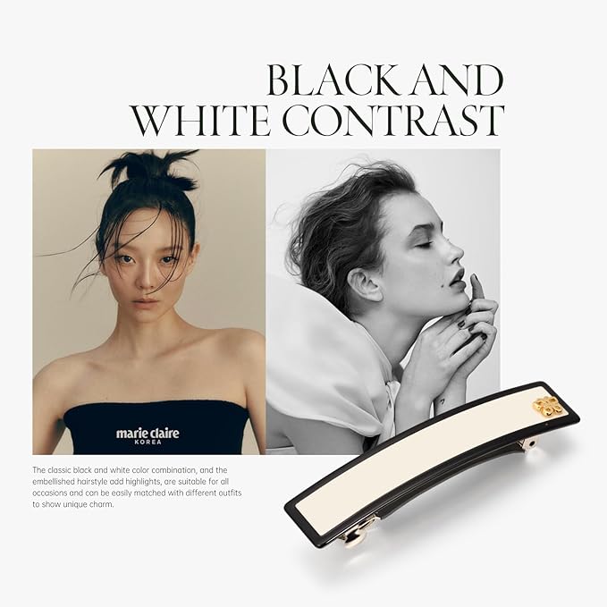 SHE'S FREE STYLE JUST FOR YOU [Chanel-style] Hair Barrettes for Women, Acetate Resin Barettes, Classic Black & White, French Hair Accessories for Thin Hair, Anti-Slip for Half-Hair (Middle,3.5 inch)