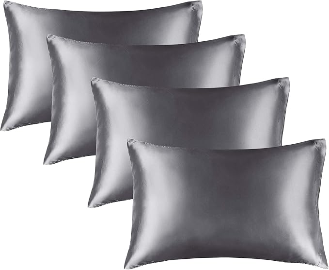 BEDELITE Satin Pillowcase for Hair and Skin, Super Soft Similar to Silk Pillow Cases 4 Pack with Envelope Closure, Cooling Pillowcases for Women Men (20"x26" Standard Size, Dark Grey)
