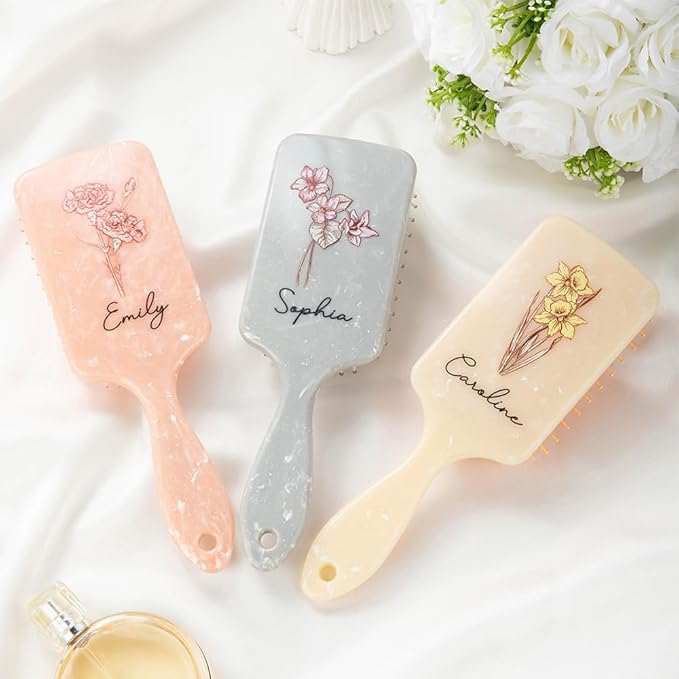 Custom Hair Brushes For Women Personalized Birth Month Flower Name Hair Brush for Curly Hair Detangling Wet Hairbrush Birthday Christmas Gifts For Mother Daughter Grandma