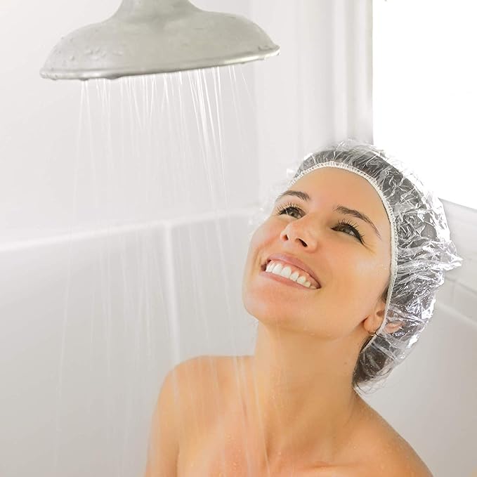 Auban 50 PCS Shower Cap Disposable,Bath Caps Larger Thick Clear Waterproof Plastic Elastic Hair Bath Caps For Women Hotel Travel Essentials Accessories Deep Conditioning Hair Care(19.3")