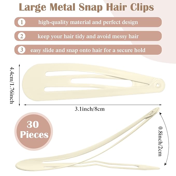 WILLBOND 30 Pieces 3.1 Inch Large Metal Snap Hair Clips Nonslip Barrettes Women Hair Accessories (White)