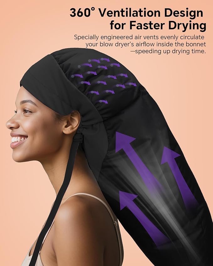 Hair Dryer Bonnet Attachment – 28.5" XL Hooded Dryer Cap for Faster Drying & Deep Conditioning, Extra-Large Space Fits Thick, Curly Hair & Styling Tools (Black, Extra Large)