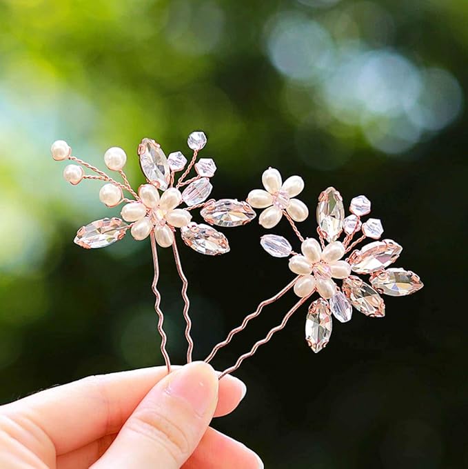 JAKAWIN Pearl Bride Wedding Hair Pins Bridal Hair Piece Accessories Decorative Hair Clips for Women HP065 (Rose Gold)