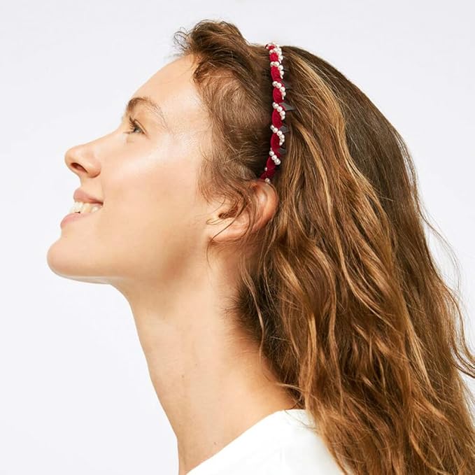 Vintage High Cranium Artificial Pearl Hairband, New Elegant Braided Pearls Headbands with Teeth for Women, Anti-slip Decorative Hair Bands Fashion Hair Accessories Gifts (Burgundy, One Size)