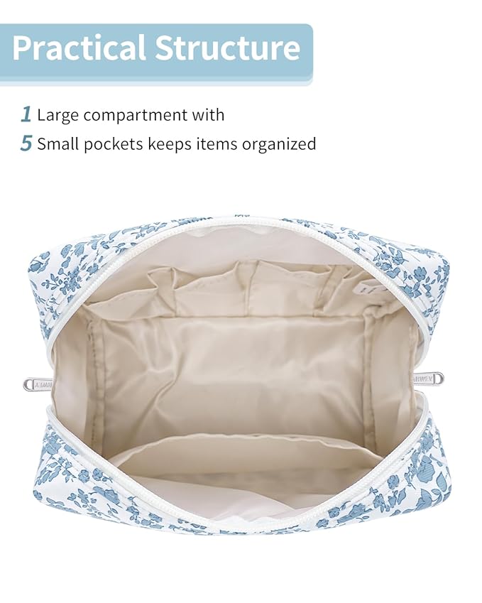 Narwey Cute Floral Makeup Bag Travel Cosmetic Bag Organizer Toiletry Bag Make Up Bags with Organized Pocket for Women Girls (Large, Little Blue Flower)
