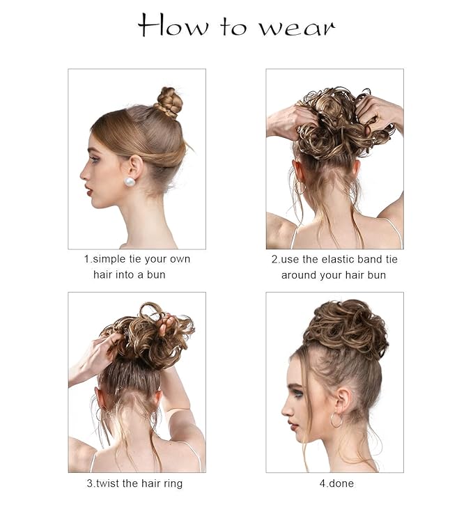 SARLA 2PCS Messy Hair Bun Hair Pieces Wavy Curly Synthetic Updo Fake Scrunchies Ponytail Extension for Women Ice Blonde