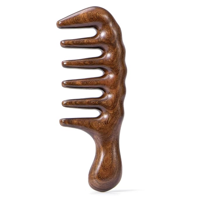 Hair Comb Wooden Wide Tooth Combs for Curly, Natural Golden Sandalwood Thicken Hair Comb for Head Scalp Massager, Detangles Wet or Dry Curly, Thick, Wavy, Anti-static