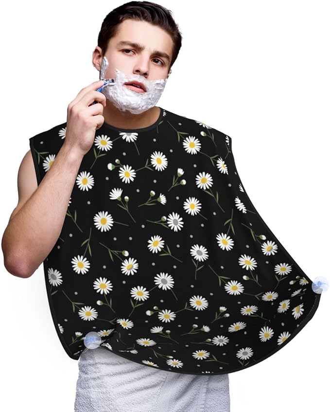 Non-Stick Beard Bib for Shaving, Daisy Flower Floral Polka Dot Shave Bib, Waterproof Hair Catcher with Suction Cups, Grooming Apron Men Husband