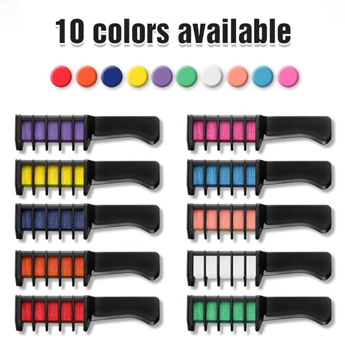 Festive Fun Hair Chalk Combs, 2026 New Chalk Hair Color for Girls, Temporary Wash out Hair Color Kids, Christmas Girl Gifts, Skin Safe Materials (10 colors)