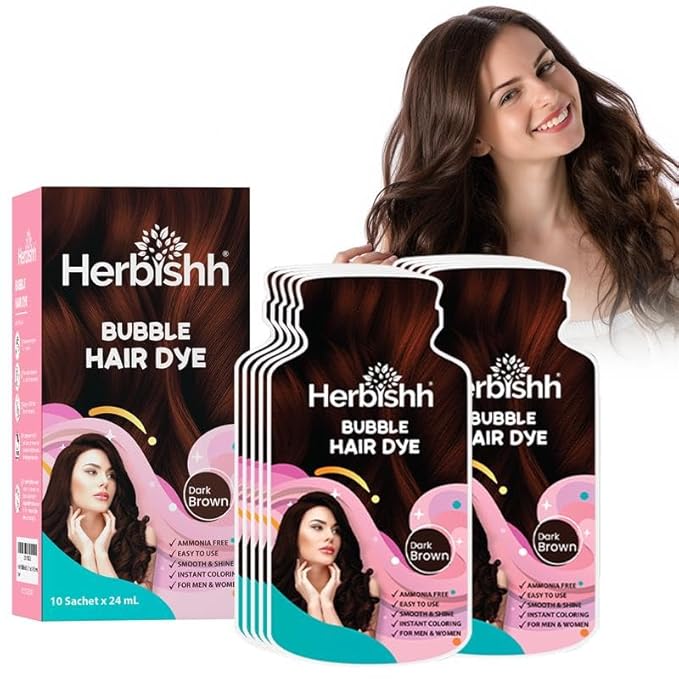 Herbishh Bubble Foam Hair Dye Shampoo, 3 in 1 Dye for 100% Grey Coverage, Permanent Hair Coloring for Men & Women, Long-lasting & Travel-friendly, Ammonia-free, 10 Sachet x 24 ml (Dark Brown)