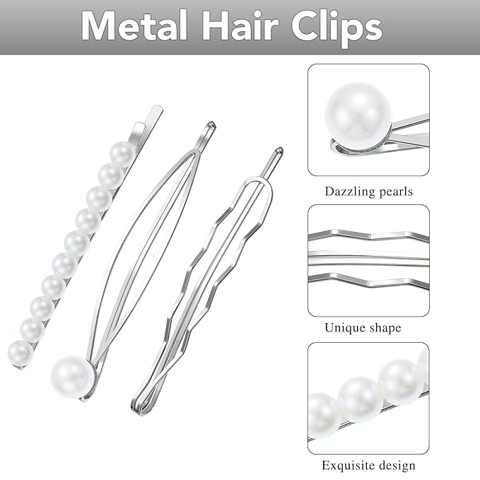 16 Pieces Geometric Metal Hair Pins, Silver Hair Pins Pearls Hair Clips Hair Barrettes Metal Bobby Pins for Woman Girls