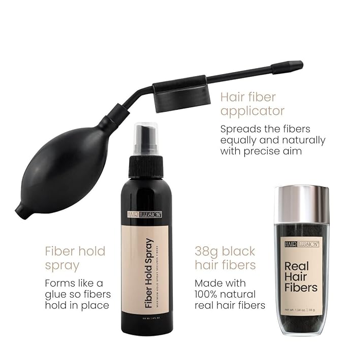 Hair Illusion Combo Kit - Hold Spray, 38g Hair Fiber Bottle, Applicator & Hairline Optimizer (Brown)