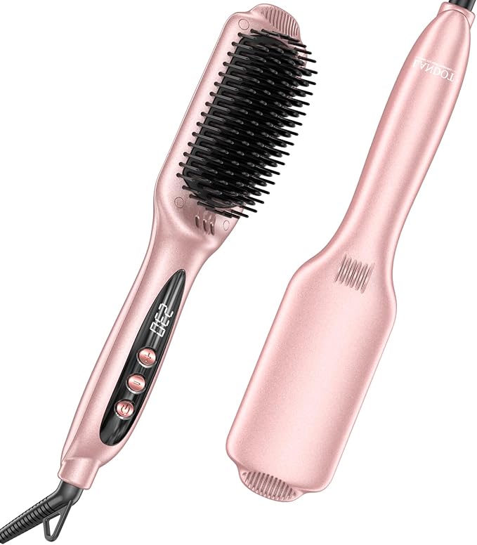 LANDOT Rose Gold Hair Straightener Brush - Elegant Gift for Women, Ionic Ceramic Straightening Brush for Smooth & Shiny Hair, Dual Voltage with 12 Adjustable Heat Settings 250°F-450°F