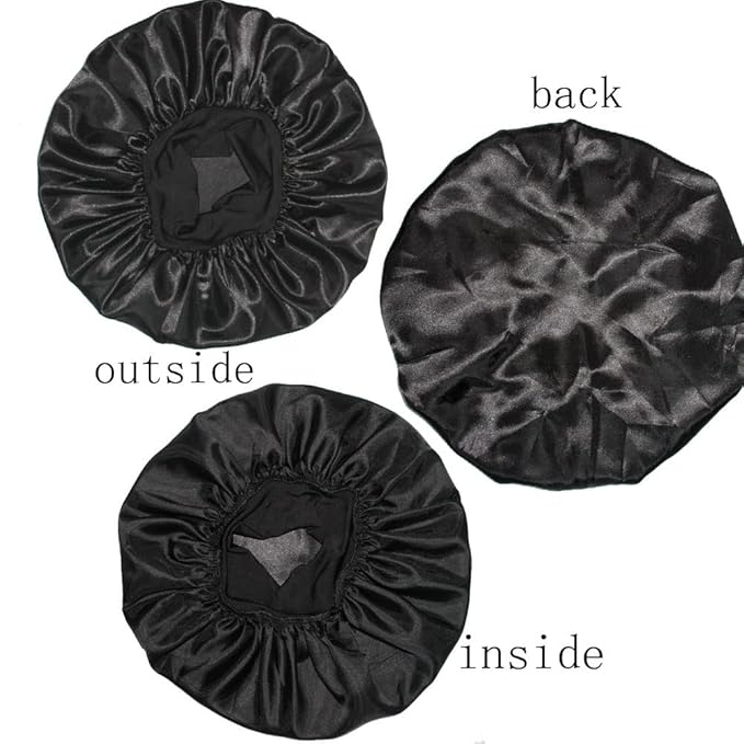 VEYRNEIC Hair Satin Bonnet for Sleeping Shower Caps Silk Chemo Caps with Wide Elastic Band Night Sleep Cap Bonnets for Black Women Braids with Satin Storage Bag (Black)