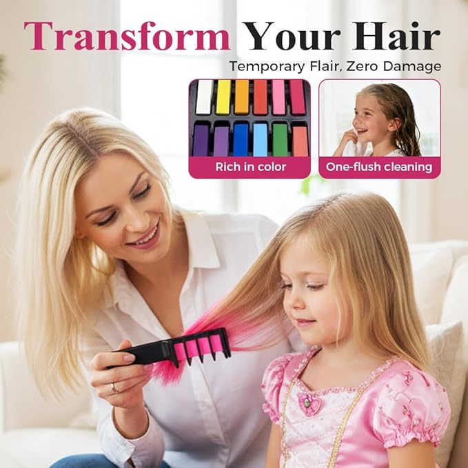 Festive Fun Hair Chalk Combs, 2026 New Chalk Hair Color for Girls, Temporary Wash out Hair Color Kids, Christmas Girl Gifts, Skin Safe Materials (12 colors)