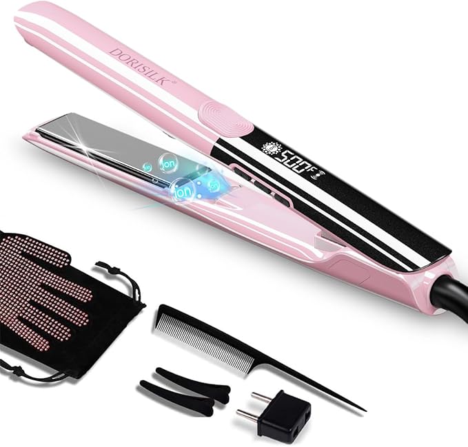 DORISILK 500 Degree High Temp Professional Hair Straightener，30s Fast Heating Ceramic Flat Iron ，2 in 1 Hair Straightener and Curler，Plasma Flat Iron Get Frizz-Free and Shiny(Pink)