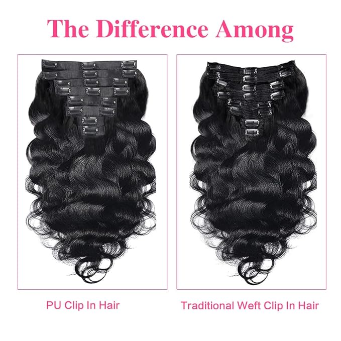 Seamless Clip In Hair Extensions Real Human Hair PU Weft Body Wave Clip In Hair Extensions Human Hair 8pcs with 18Clips Per Set 120g(18inch,Natural Black)