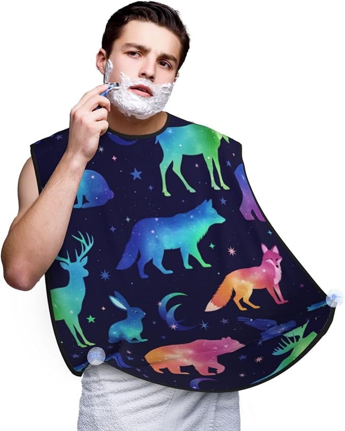 Waterproof Beard Trimming Bib, Non-Stick Hair Catcher for Men Shaving, Grooming Apron for Husband Dad, Space Galaxy Deer Bear Moose Fox Wolf Wild Animals Shave Bib