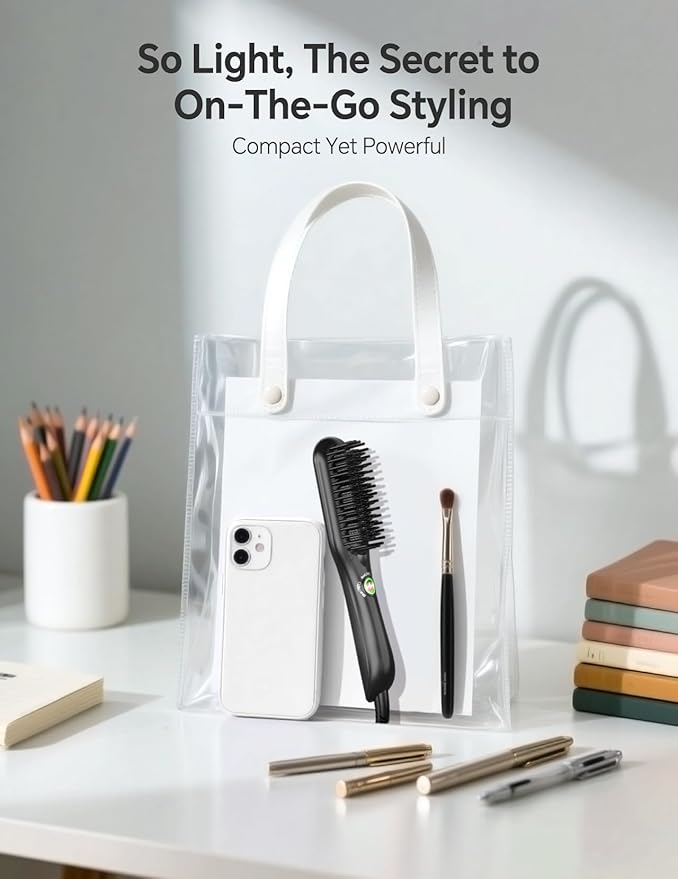 LANDOT Mini Hair Straightener Brush - Ionic Heated Straightening Brush for Frizz-Free & Smooth Styling, Compact Lightweight Dual Voltage Travel Flat Iron Comb for Medium Short Hair, Black