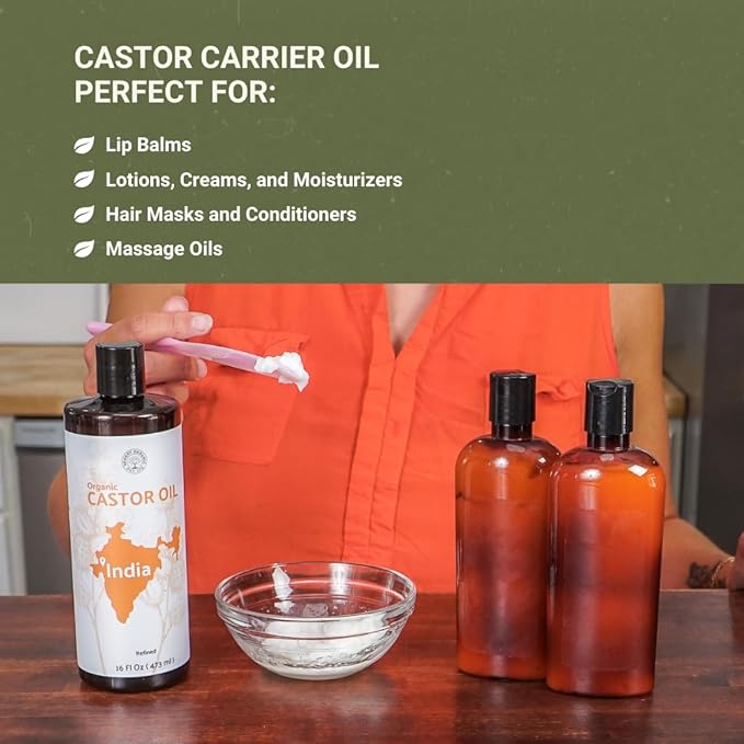 Organic Castor Oil Direct From India - Cold Pressed Castor Oil For Face, Hair Growth, Eyelash Serum, Eyebrow - Skin and Face Moisturizer and Detox - Hexane Free (16 oz)