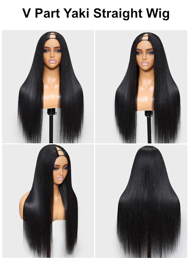 YIROO V Part Wig Yaki Straight Human Hair Wigs for Black Women Upgrade Upart Wig No Leave Out 12A Glueless Kinky Straight V Shape Clip in Half Wig No Glue No Sew Beginner Friendly 180% Density 16 Inch
