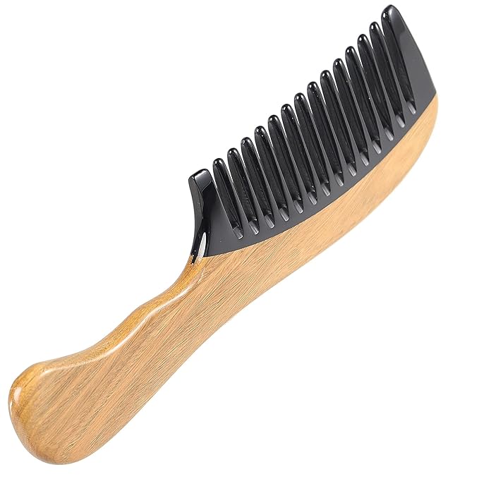 Onedor Handmade Green Sandalwood Buffalo Horn Wide Tooth Hair Combs - Anti-Static Scented Wooden Detangler Combs