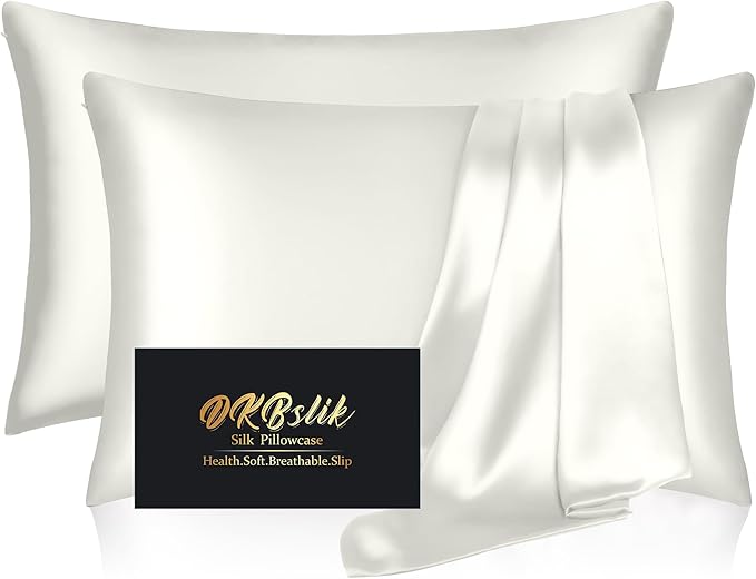 Silk Pillowcase 2 Pack, Natural Mulberry Silk Pillow Case, Anti Acne Silk Pillowcase for Hair and Skin, King Size Silk Satin Pillowcase Set of 2 with Hidden Zipper, Gifts for Women Men, Ivory