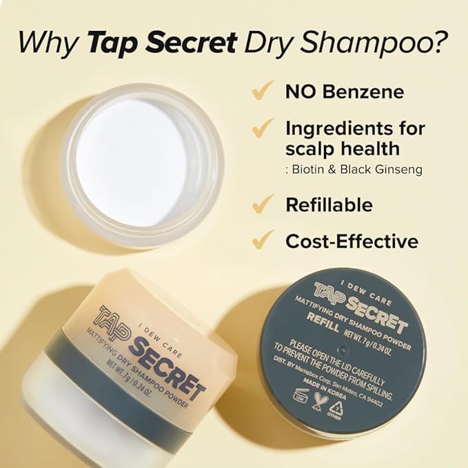 I DEW CARE Tap Secret Dry Shampoo Powder with Biotin - Tap Secret Original | Strengthening & Volumizing, Refillable, Travel size, Non-aerosol, Brunette, Korean Ginseng, Stocking Stuffers, 0.24 Oz