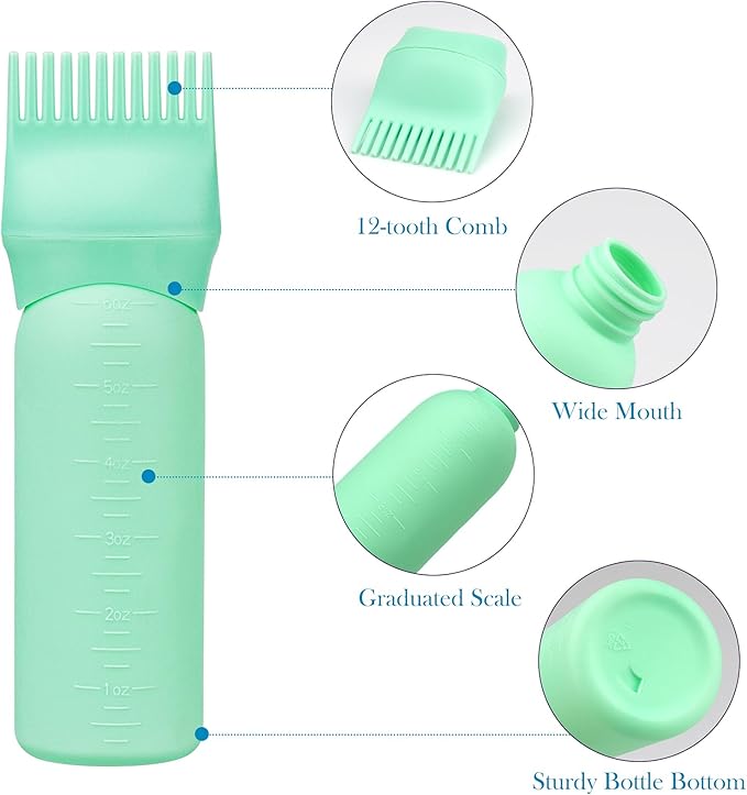 Cosywell Root Comb Applicator Bottle 6 Ounce 3 Pack Hair Oil Applicator Brush for Hair Root Comb Color with Graduated Scale (Black Pink Green)