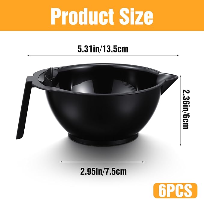 Hair Dye Bowl Set - 6 Black Hair Color Mixing Bowls with Measurements, Pour Spout, Handle & Combed Edge - Reusable Salon Hair Coloring Bowls for Professional or Home Use ﻿