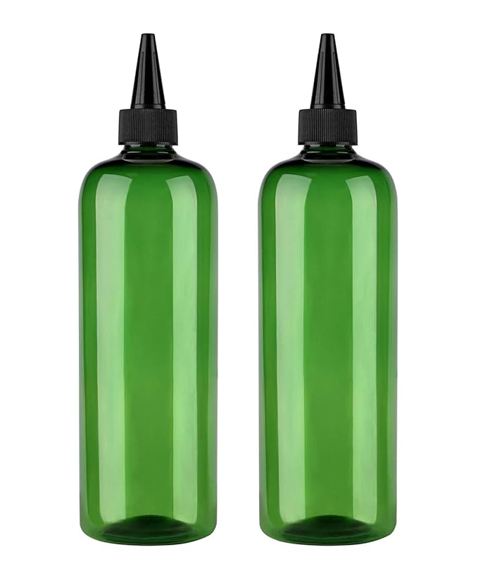 Squeeze Bottles for Hair - 16 Ounce Applicator 2 Pack, Green PET Plastic Refillable With Twist Top Cap for Hair Dye and Oil