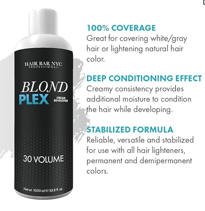 HAIR BAR NYC 30 Volume - Blond Plex Anti-Yellow Porfessional Lightening System for Charcoal Hair Bleach - Violet Developer with Plex, Reduce Brassy, Eliminates Orange Tones 33.8oz/1lt