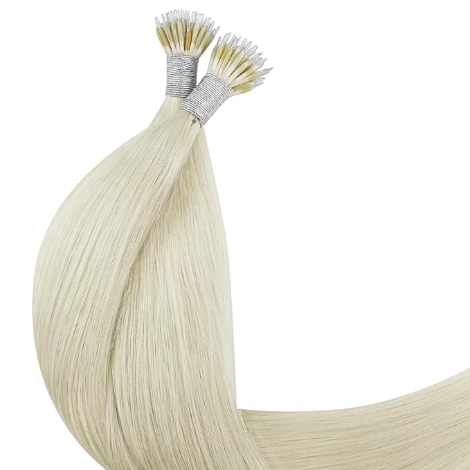 YoungSee 18inch Nano Ring Hair Extensions Human Hair Platinum Blonde Nano Beads Hair Extensions Human Hair Pre Bonded Nanoring Extension Blonde Nano-Tip Hair Extension 50grams 50strands for Wedding