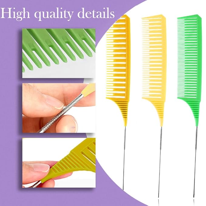 SKYPIA Hair Comb Set, 3 Piece Professional Dyeing Hair Comb Set Highlight Combs for Hair Stylist Weaving Styling Brush Set with Long Stainless Steel Rat Tail Stylist Combs for Hair (Yellow & Green)